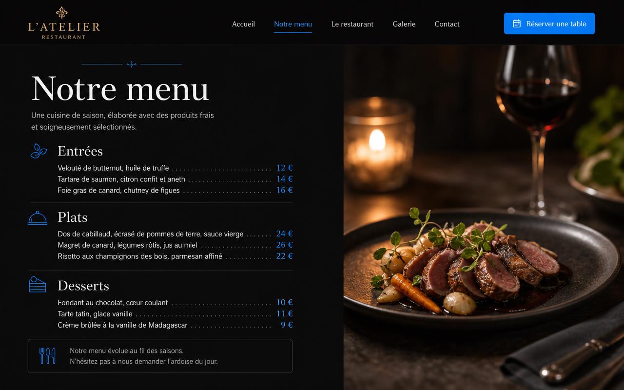 Aperçu d'un site pour restaurant conçu par AD Studio